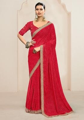 Red Printed Georgette Saree Set