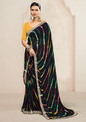 Black Printed Georgette Saree Set