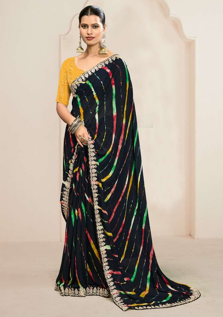 Black Printed Georgette Saree Set - Indya
