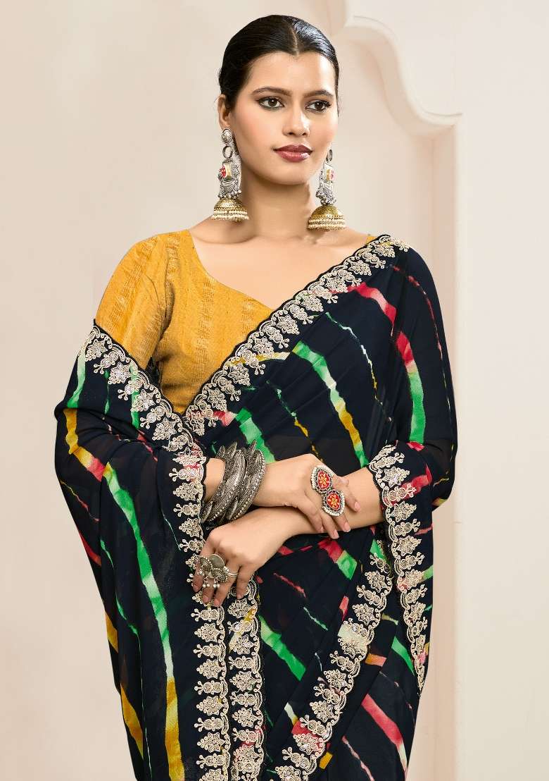 Black Printed Georgette Saree Set - Indya