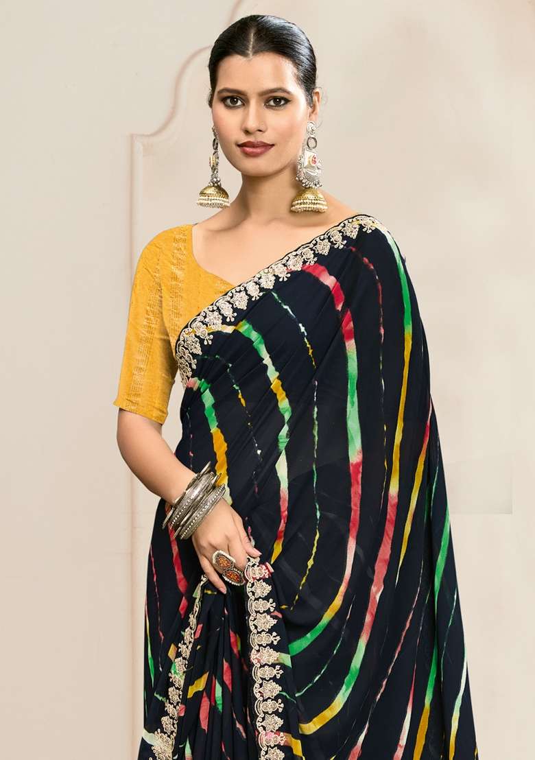 Black Printed Georgette Saree Set - Indya