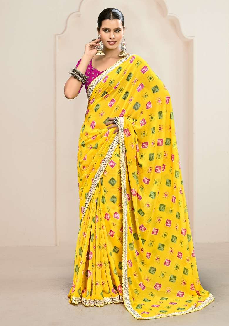 Yellow Printed Georgette Saree Set - Indya