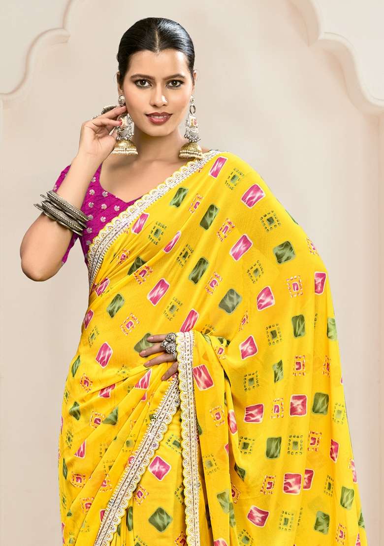 Yellow Printed Georgette Saree Set - Indya