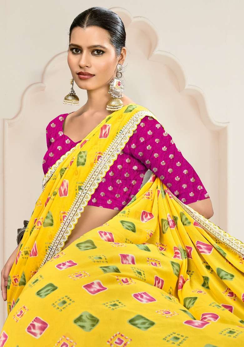 Yellow Printed Georgette Saree Set - Indya