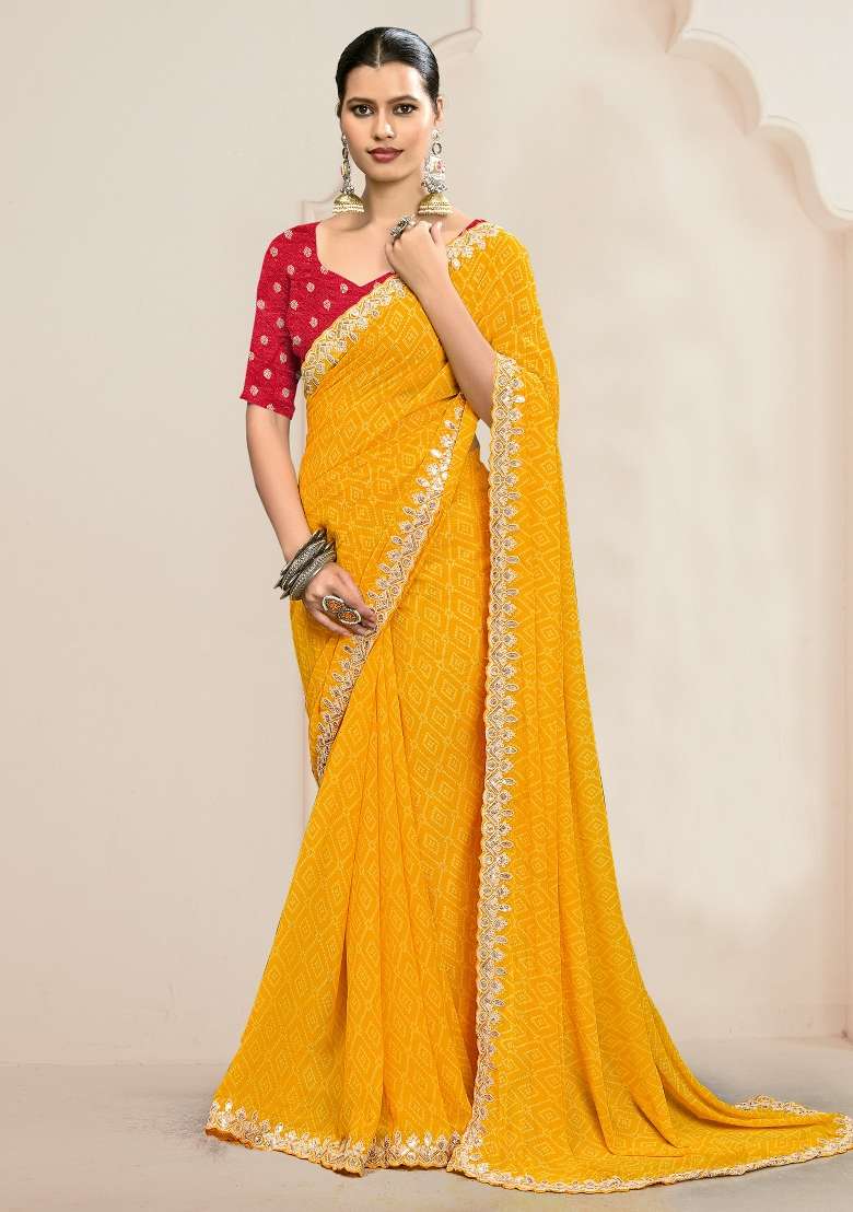 Yellow Printed Georgette Saree Set for Diwali and Festive Wear - Indya