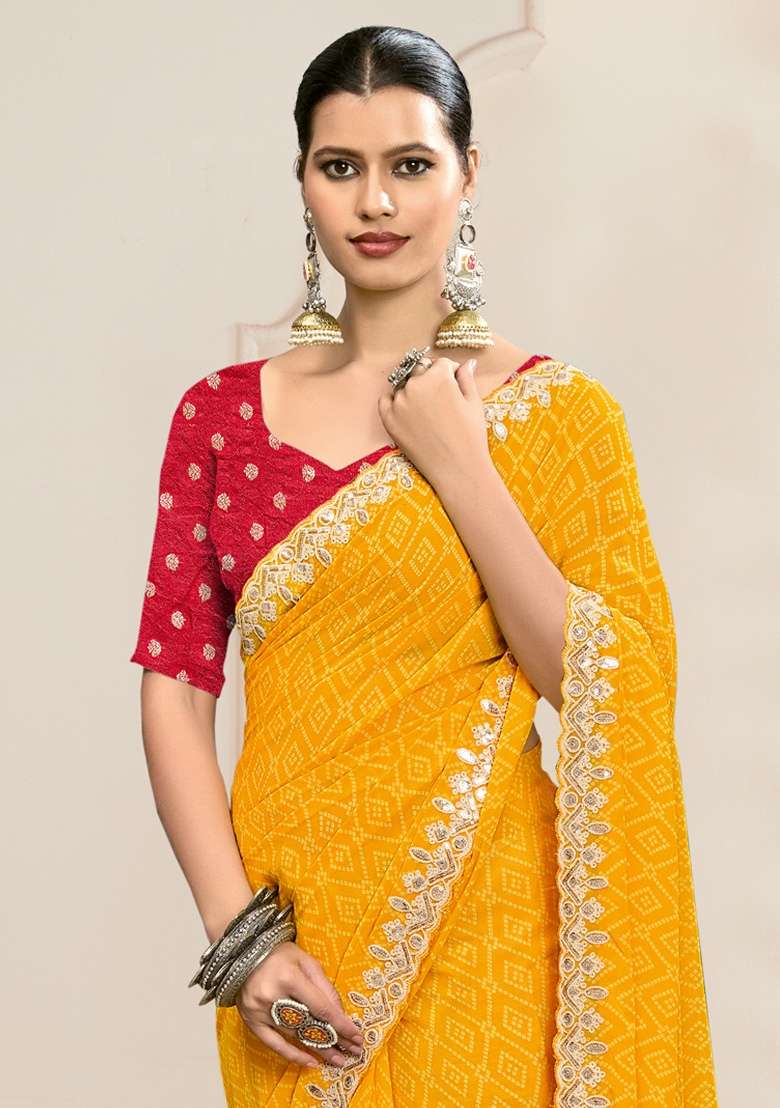Yellow Printed Georgette Saree Set for Diwali and Festive Wear - Indya