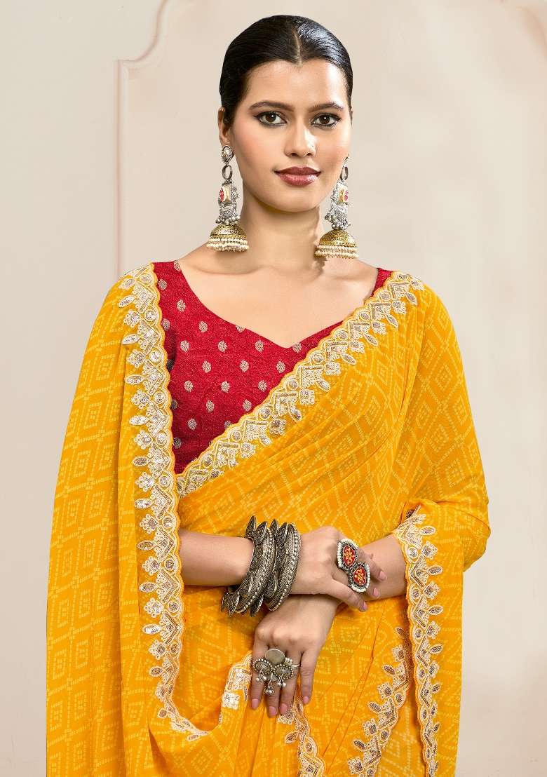 Yellow Printed Georgette Saree Set for Diwali and Festive Wear - Indya