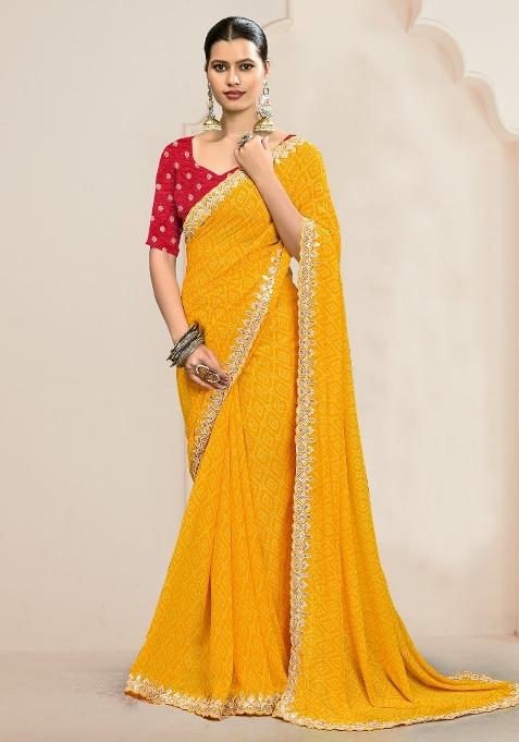 Yellow Printed Georgette Saree Set — view on Indya