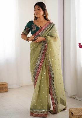 Light Green Printed Organza Saree Set