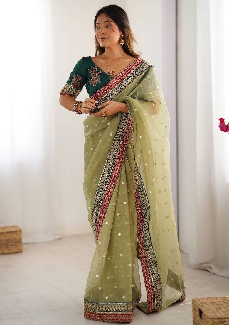 Light Green Printed Organza Saree Set - Indya