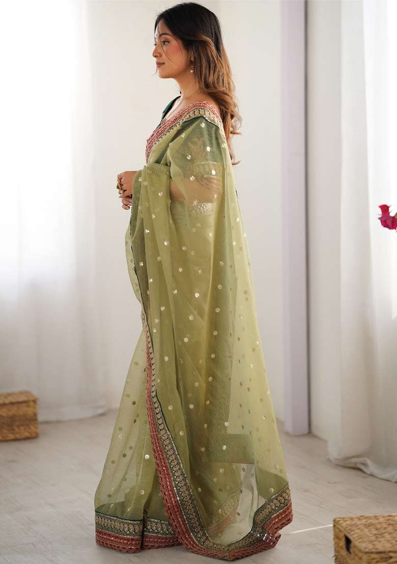 Light Green Printed Organza Saree Set - Indya