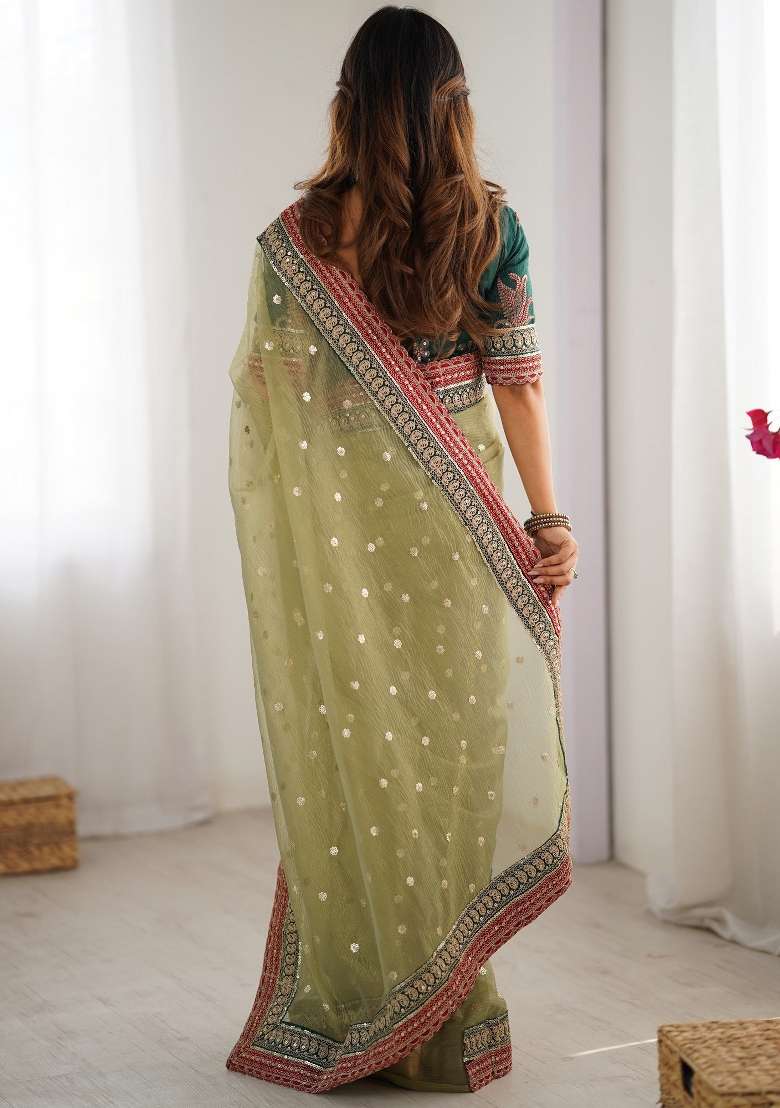 Light Green Printed Organza Saree Set - Indya