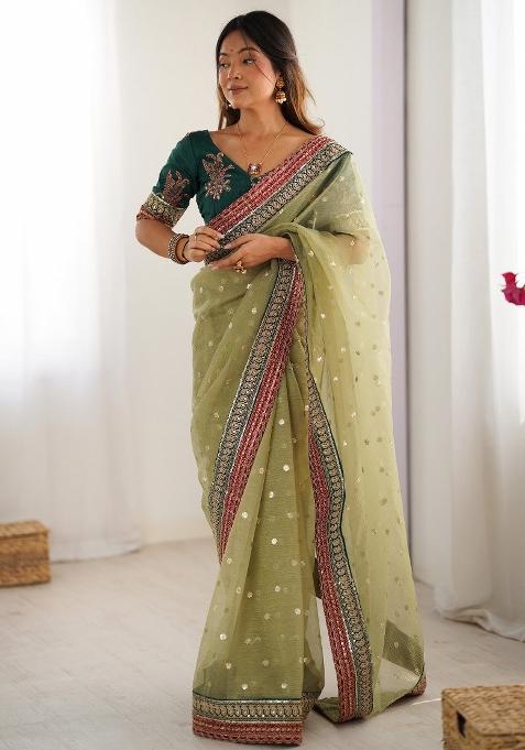 Light Green Printed Organza Saree Set — view on Indya