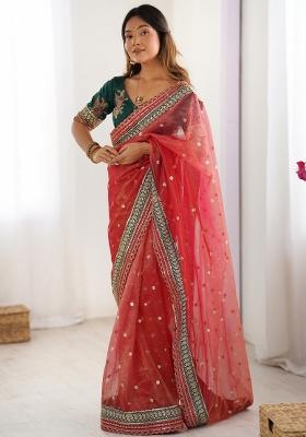 Red Printed Organza Saree Set