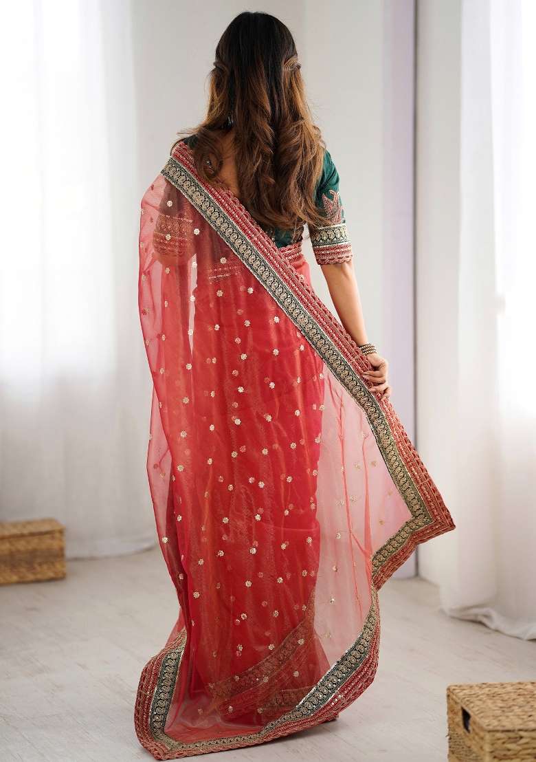 Red Printed Organza Saree Set - Indya