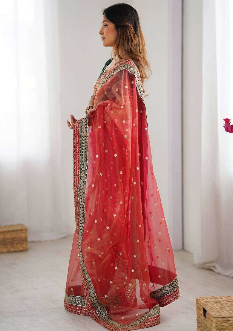 Red Printed Organza Saree Set - Indya
