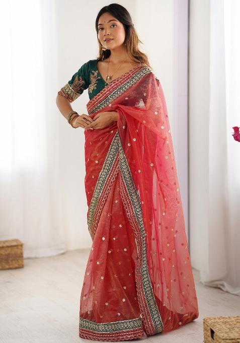 Red Printed Organza Saree Set — view on Indya
