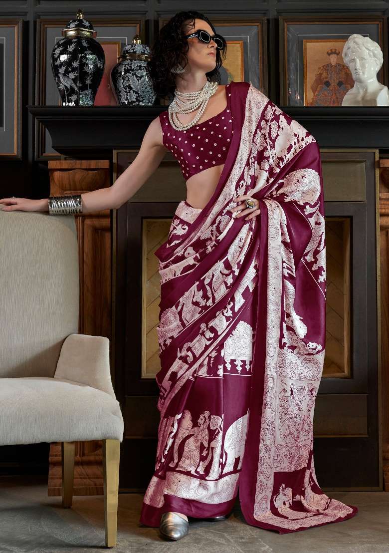 Magenta Printed Crepe Saree Set - Indya