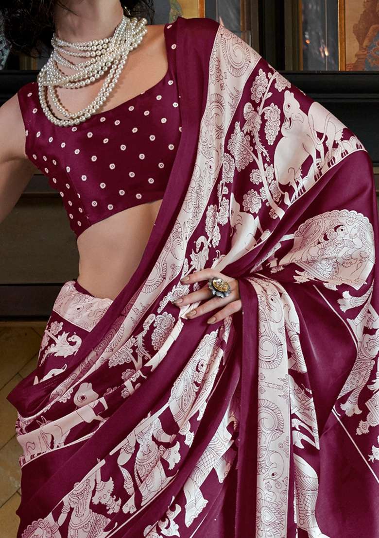 Magenta Printed Crepe Saree Set - Indya