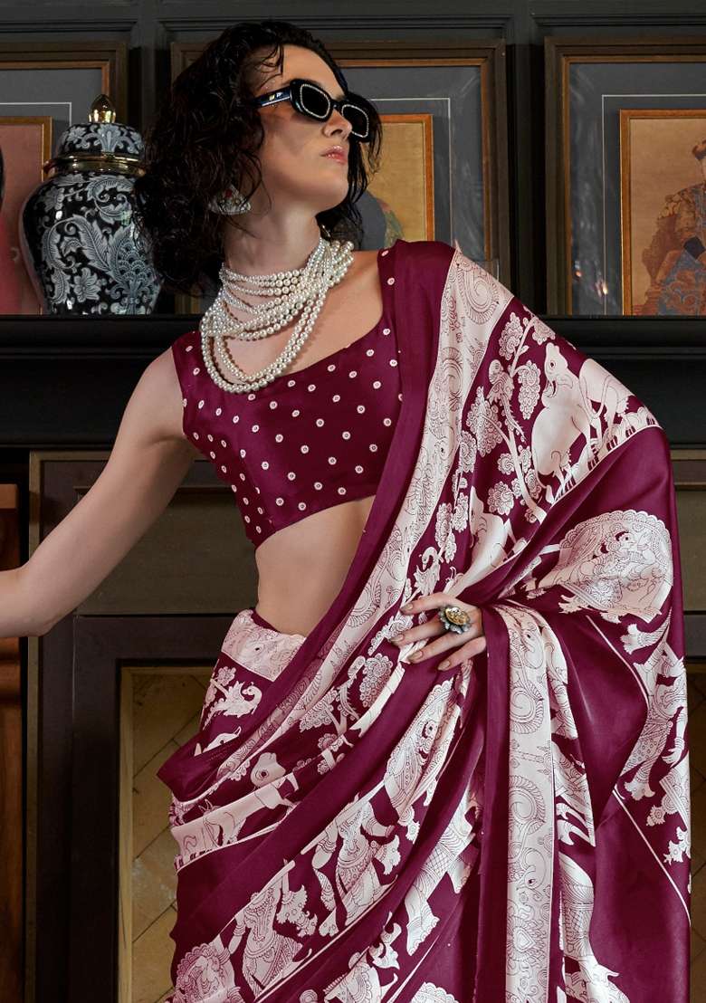 Magenta Printed Crepe Saree Set - Indya