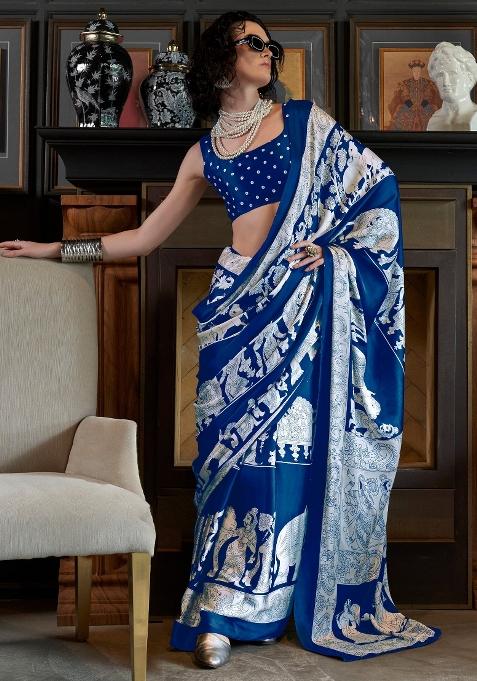 Blue Printed Crepe Saree Set — view on Indya