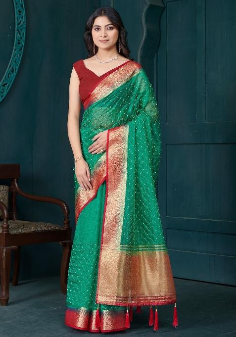 Green Printed Tissue Saree Set — view on Indya