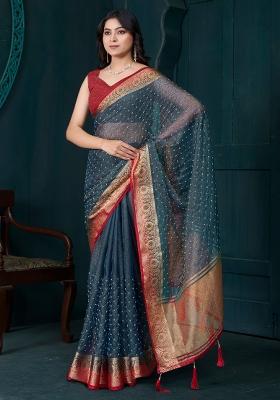 Grey Printed Tissue Saree Set