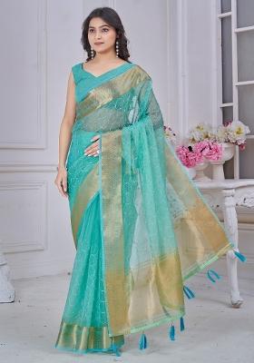Light Blue Printed Tissue Saree Set