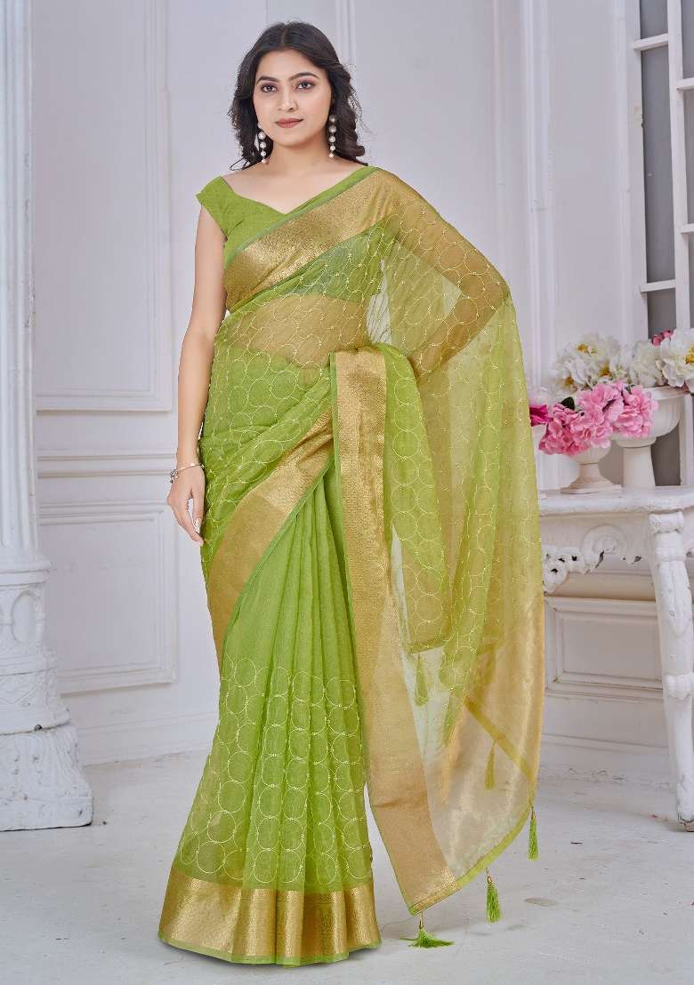 Light Green Printed Tissue Saree Set - Indya
