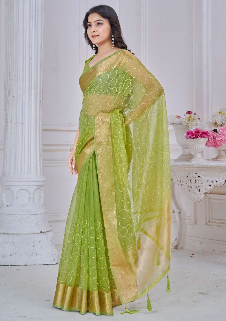 Light Green Printed Tissue Saree Set - Indya