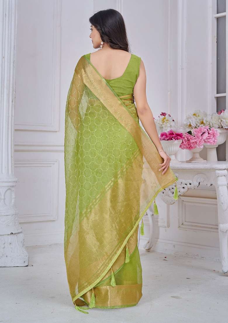 Light Green Printed Tissue Saree Set - Indya