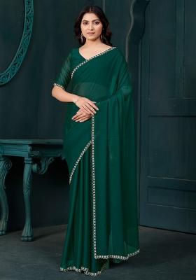 Teal Green Printed Pure Crepe Saree Set