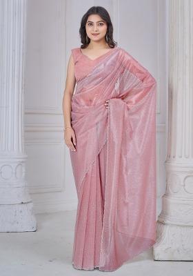 Pink Printed Net Saree Set