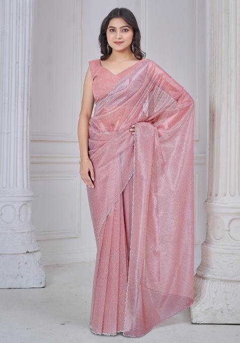 Pink Printed Net Saree Set