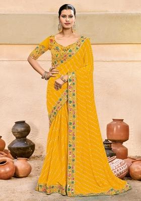 Yellow Printed Pure Georgette Saree Set