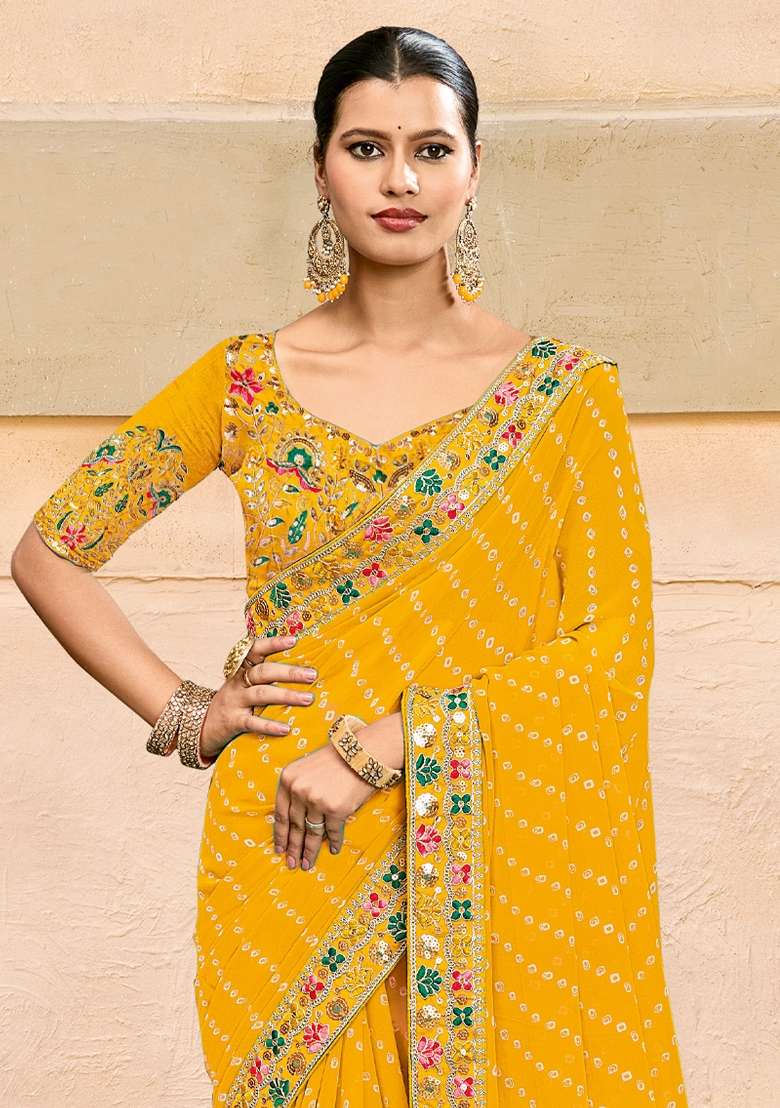 Yellow Printed Pure Georgette Saree Set - Indya