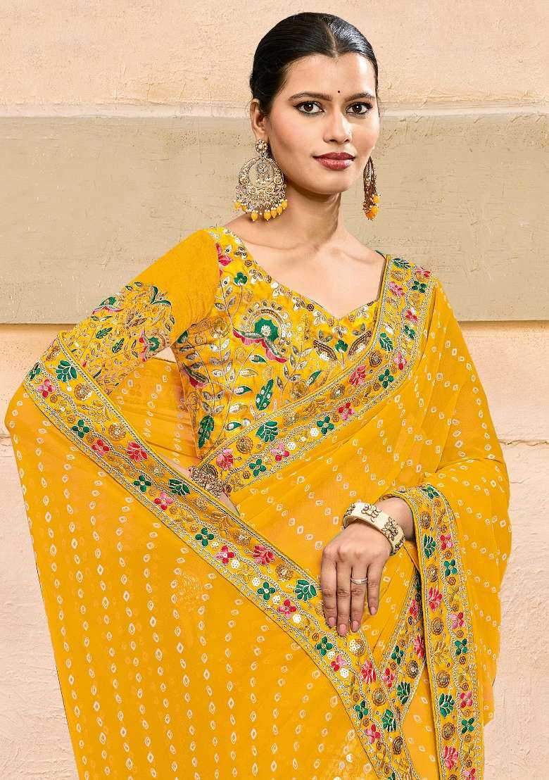 Yellow Printed Pure Georgette Saree Set - Indya