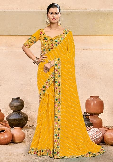Yellow Printed Pure Georgette Saree Set