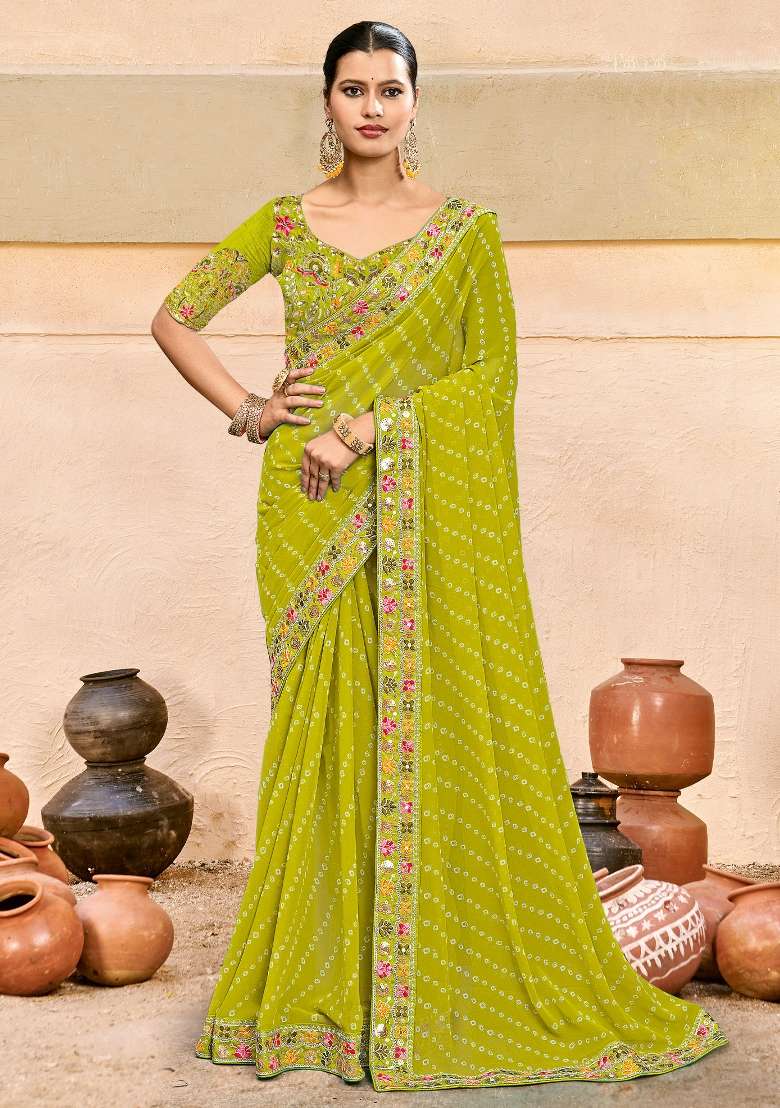 Light Green Printed Pure Georgette Saree Set - Indya