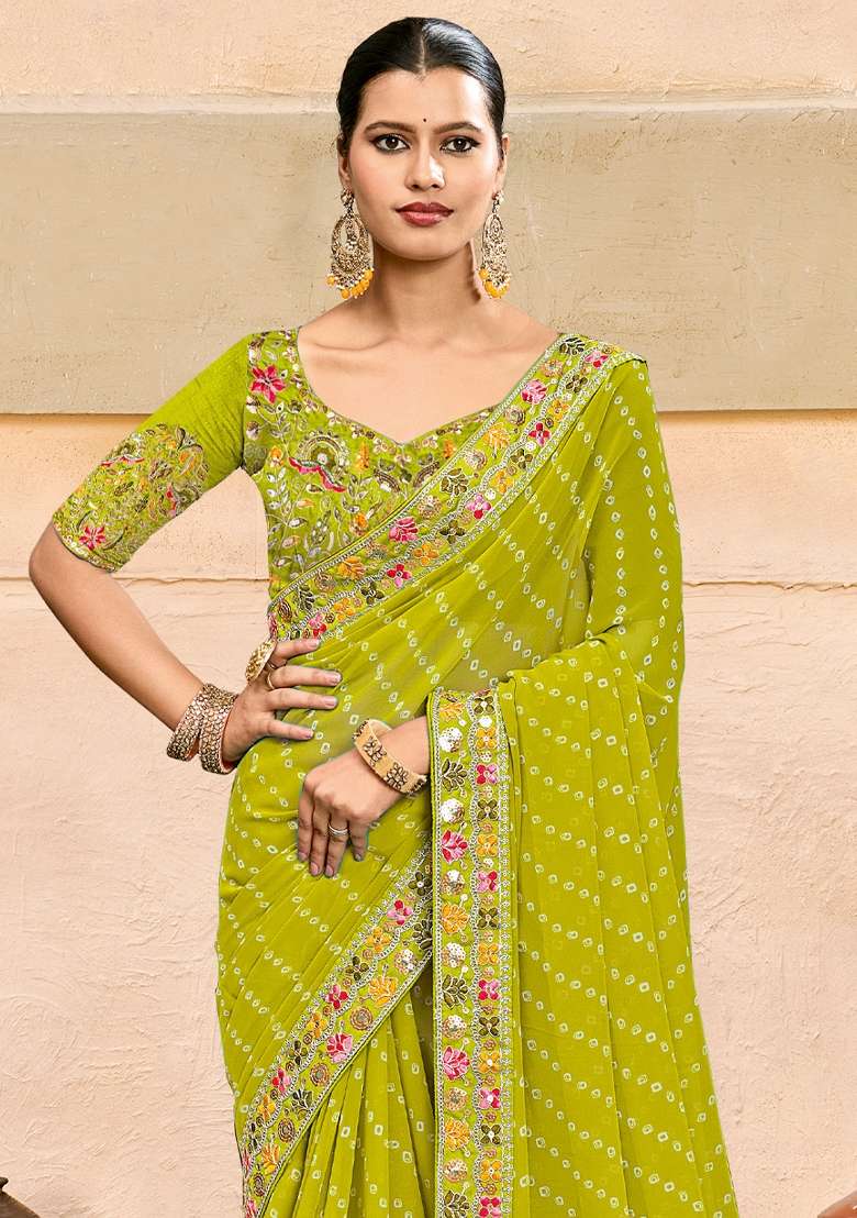 Light Green Printed Pure Georgette Saree Set - Indya