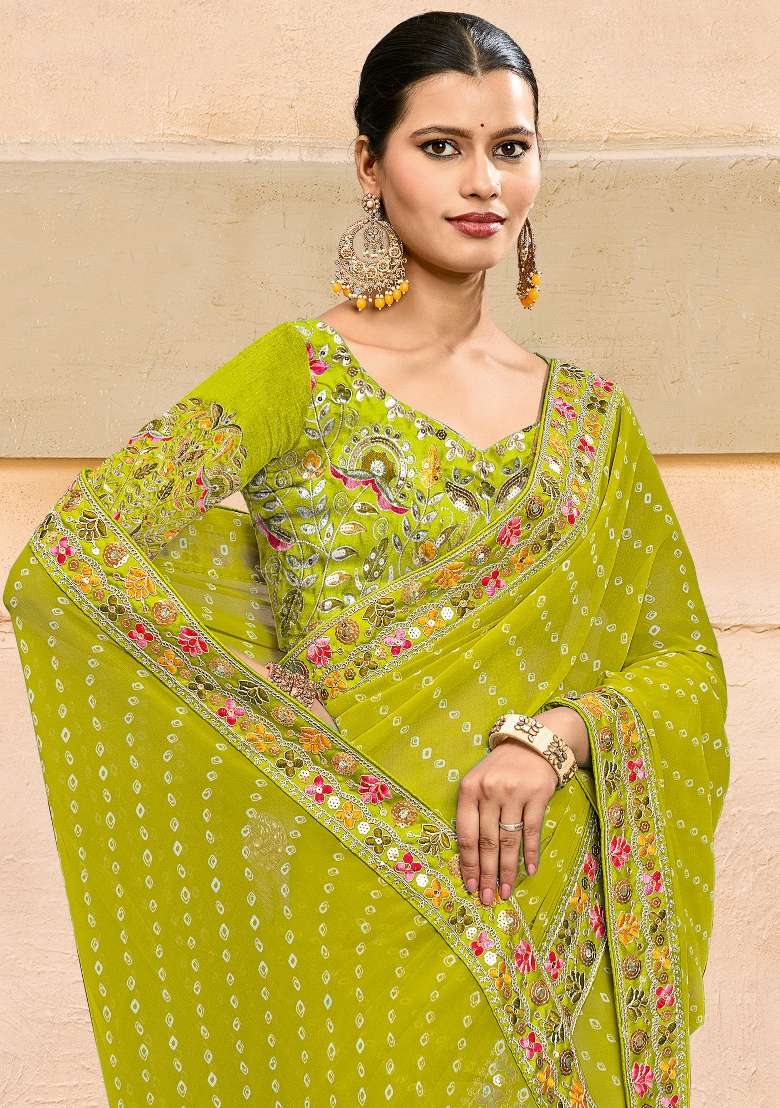 Light Green Printed Pure Georgette Saree Set - Indya