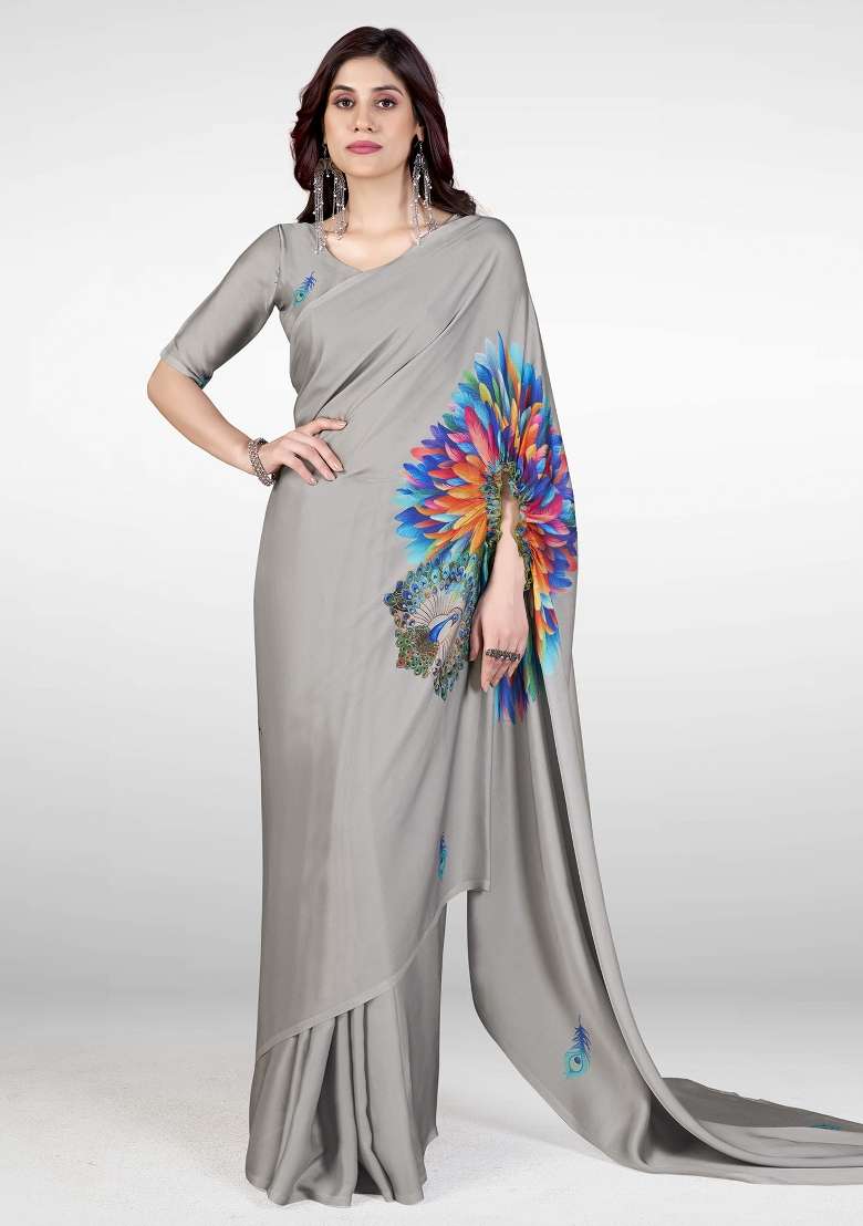 Grey Printed Satin Saree Set - Indya