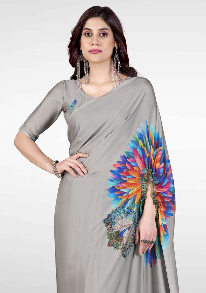 Grey Printed Satin Saree Set - Indya