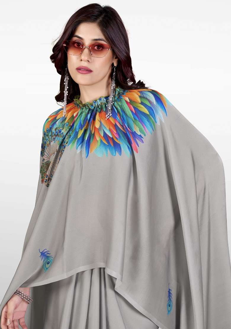 Grey Printed Satin Saree Set - Indya