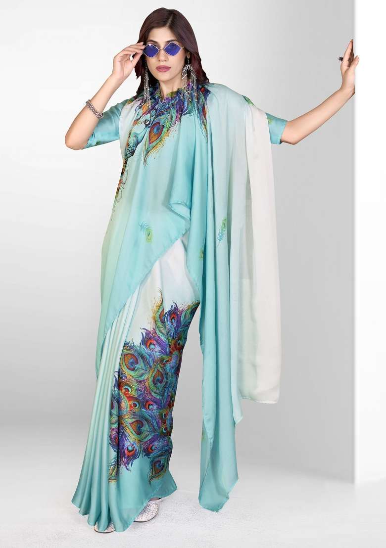 Light Blue Printed Satin Saree Set - Indya
