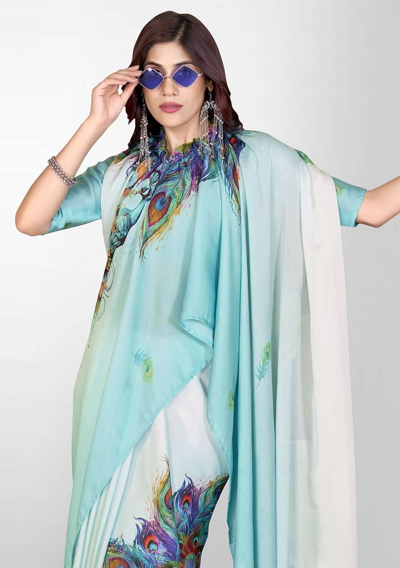 Light Blue Printed Satin Saree Set - Indya