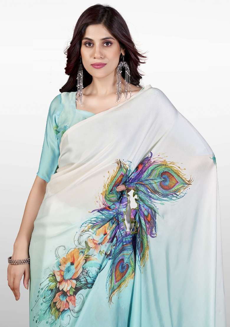 Light Blue Printed Satin Saree Set - Indya