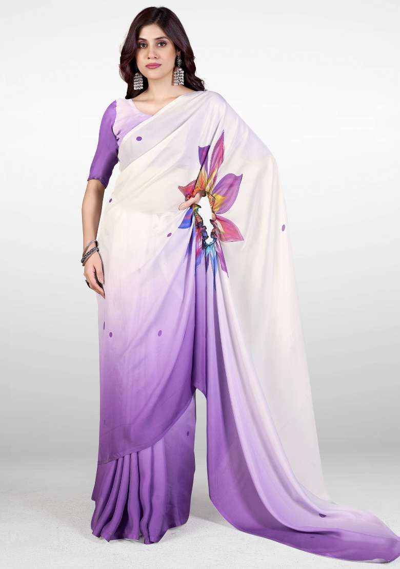 Lavender Satin Saree Set with Printed for Diwali | Wedding & Festive Wear - Indya