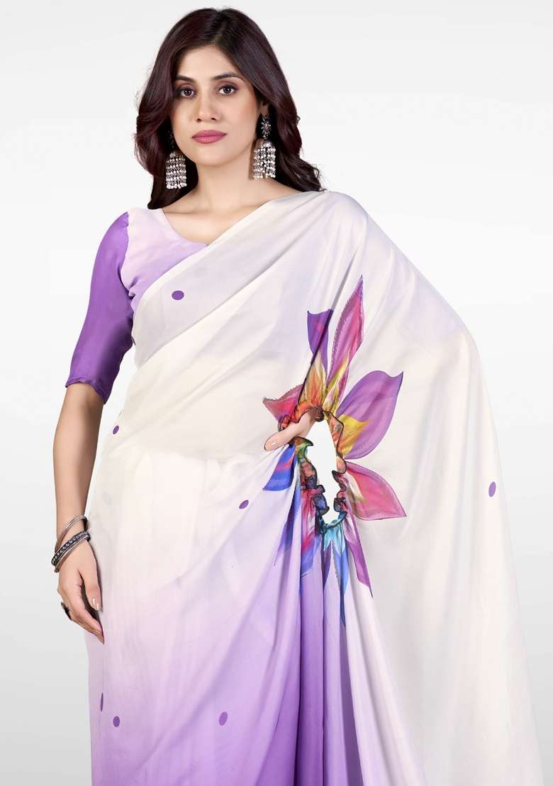 Lavender Satin Saree Set with Printed for Diwali | Wedding & Festive Wear - Indya