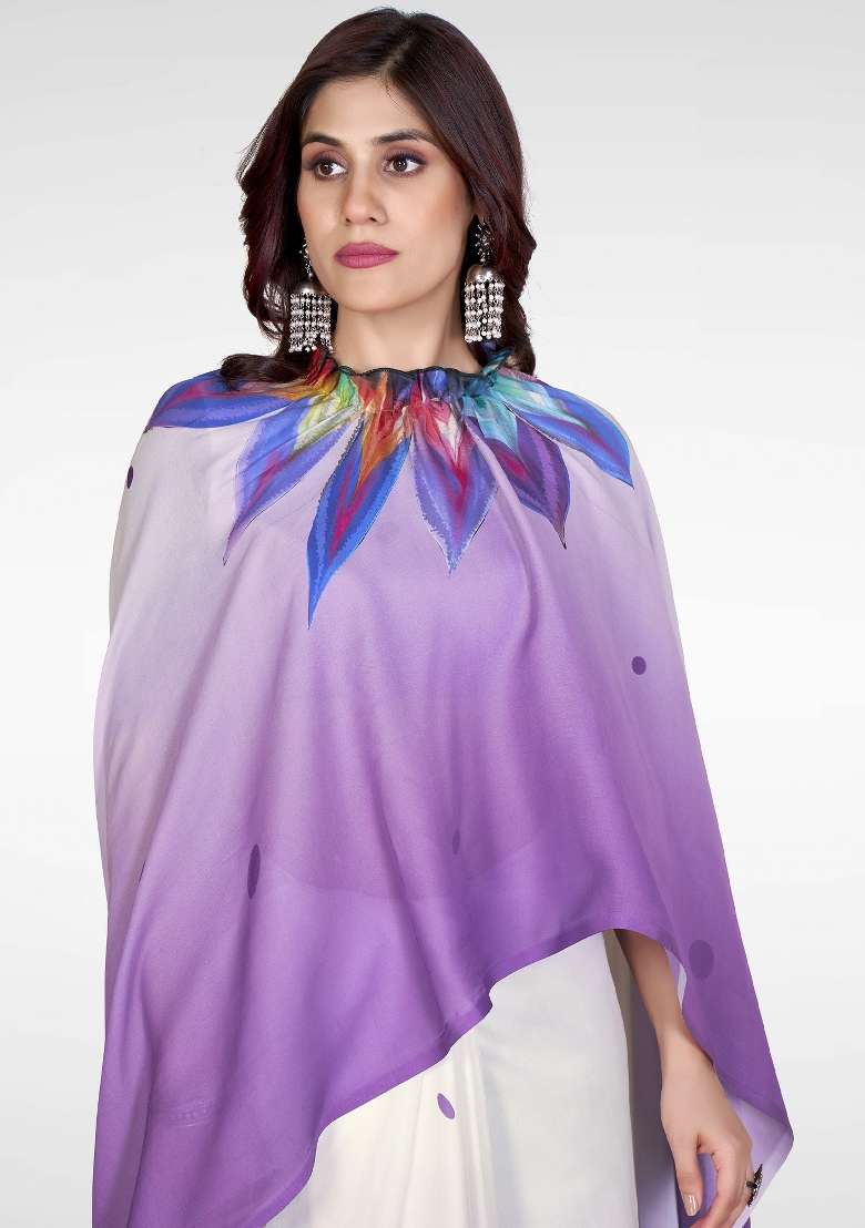 Lavender Satin Saree Set with Printed for Diwali | Wedding & Festive Wear - Indya